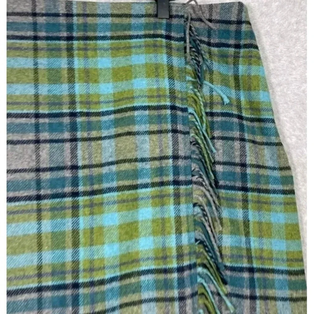 NWT J Jill Womens Plaid Skirt Sz 8P Green Gray Wool Blend Tartan Fringe Academia